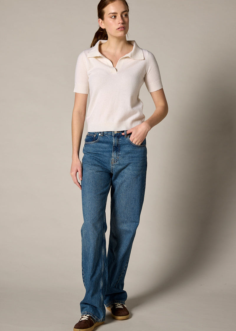 Sonya Hopkins Sydney 100% cashmere polo knit in winter white