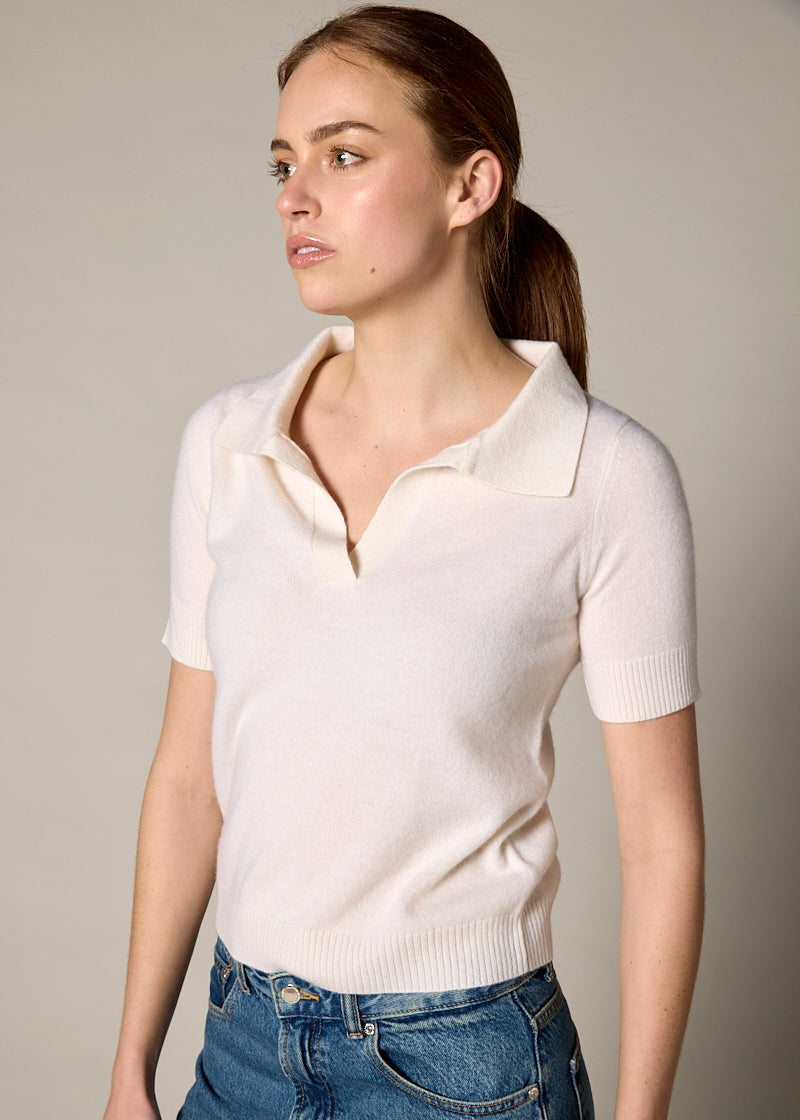Sonya Hopkins Sydney 100% cashmere polo knit in winter white