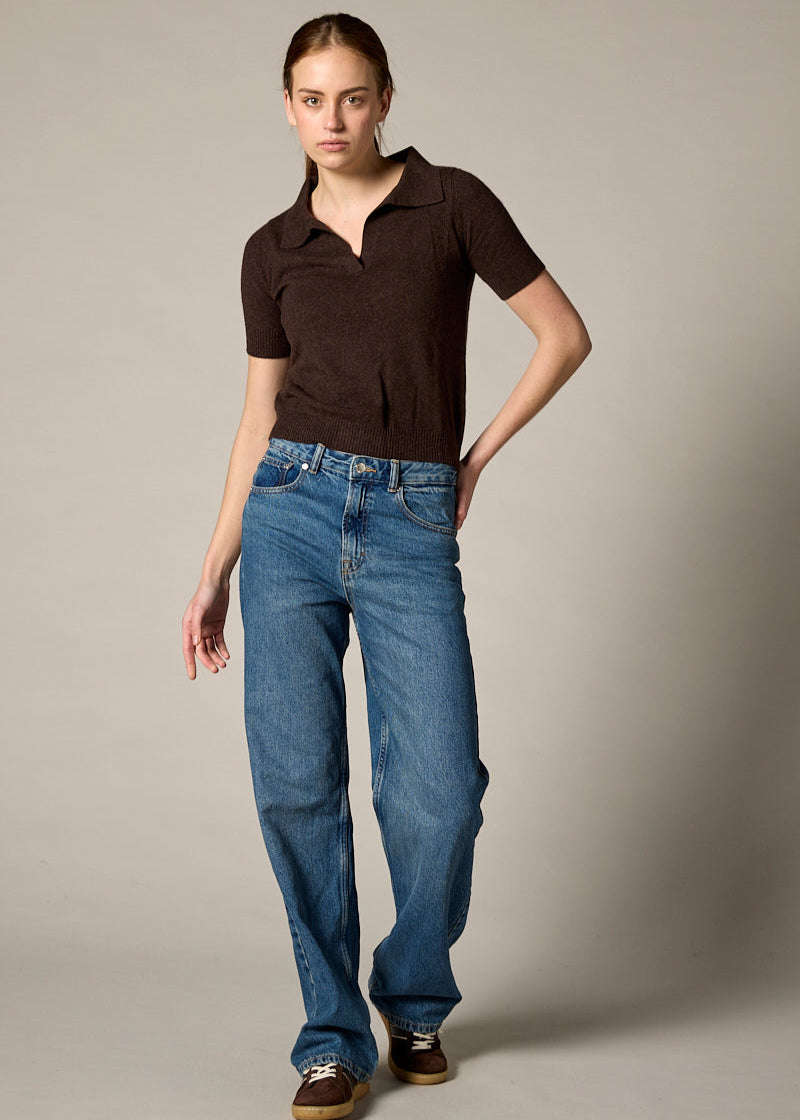 Sonya Hopkins Sydney 100% cashmere polo knit in dark marle brown