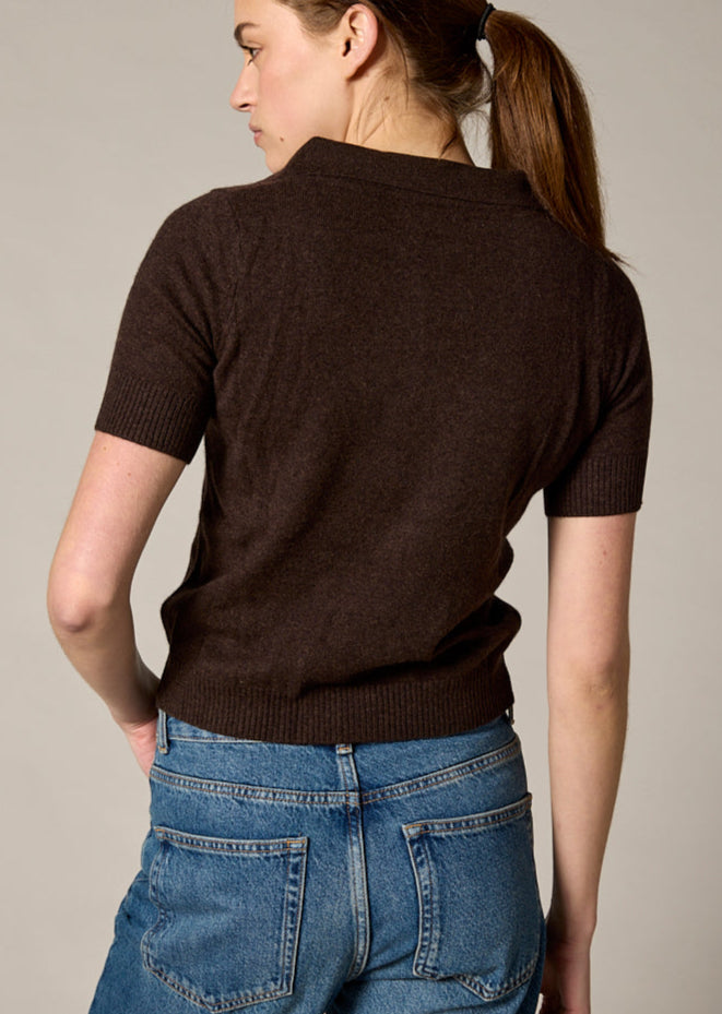 Sonya Hopkins Sydney 100% cashmere polo knit in dark marle brown