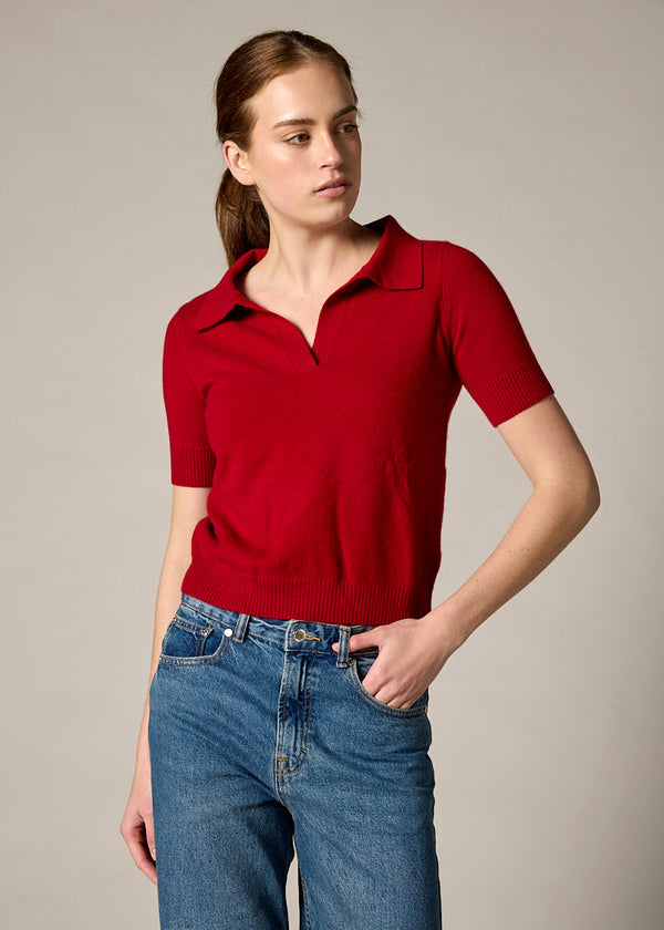Sonya Hopkins Sydney 100% cashmere polo knit in garnet red