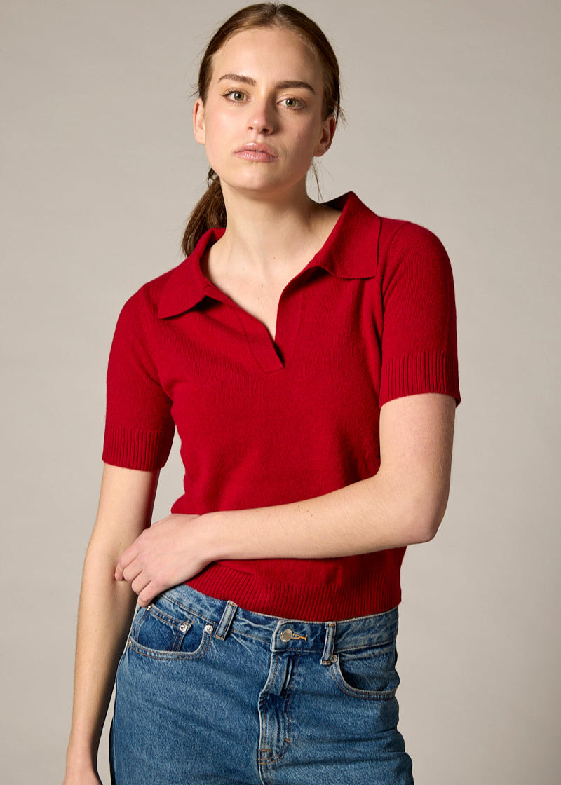 Sonya Hopkins Sydney 100% cashmere polo knit in garnet red