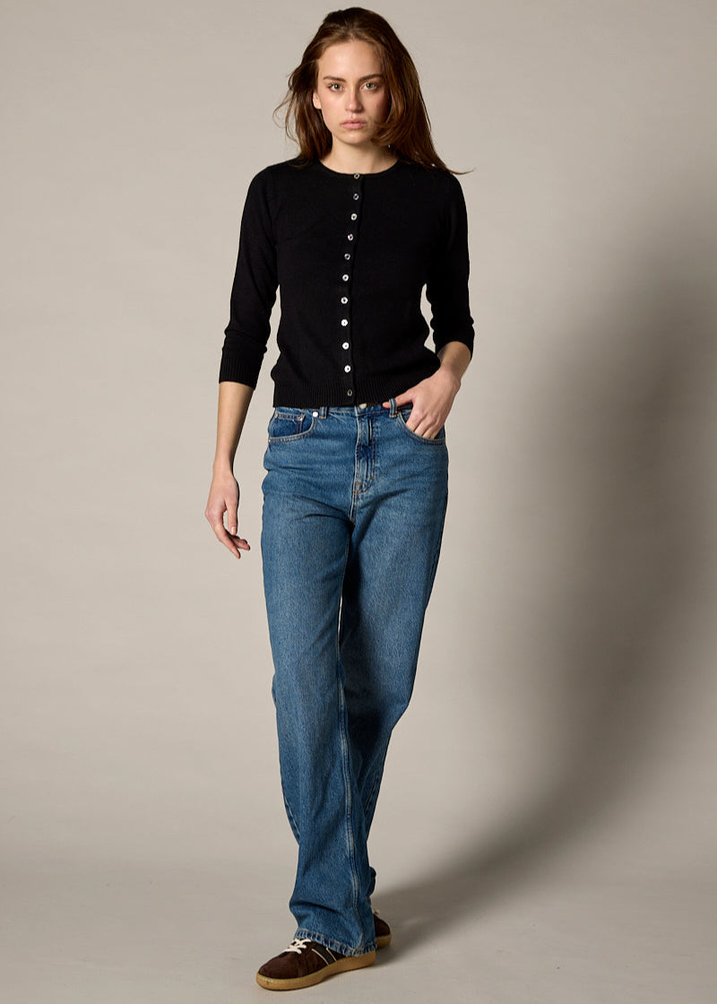 Sonya Hopkins 55% silk 45% cashmere crew cardigan in classic black