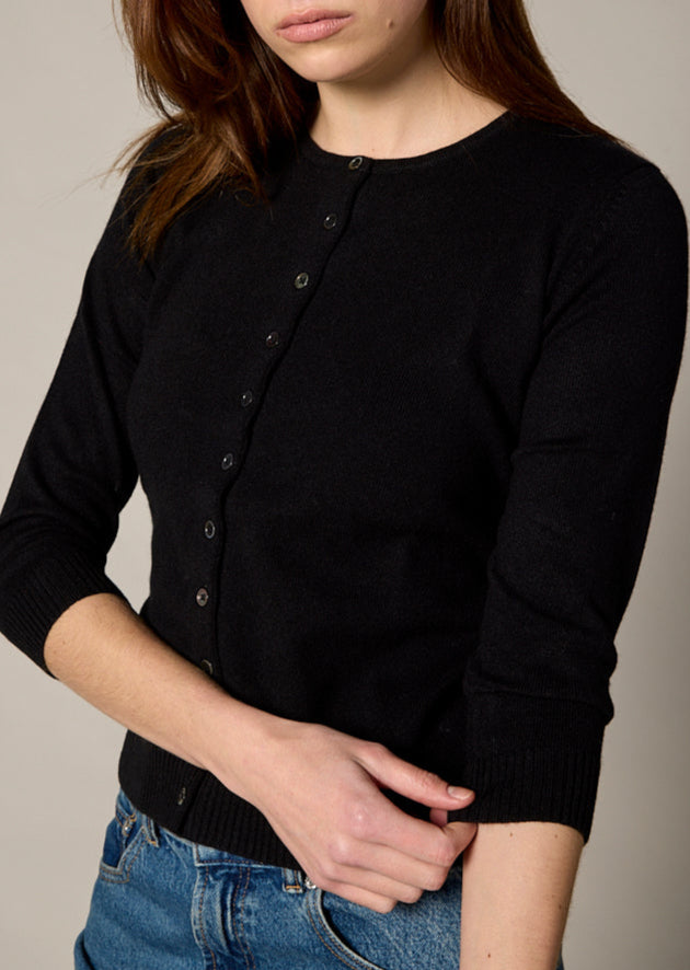 Sonya Hopkins 55% silk 45% cashmere crew cardigan in classic black