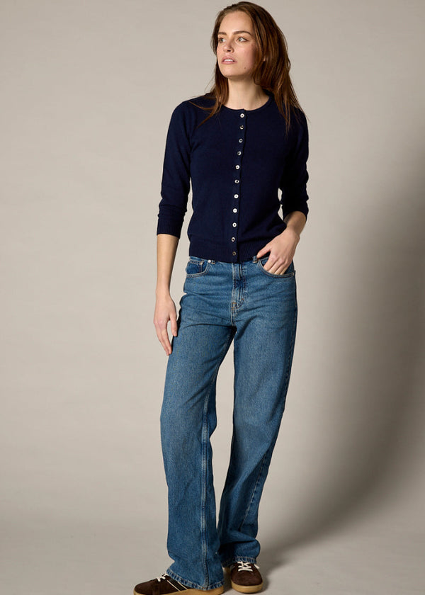 Sonya Hopkins 55% silk 45% cashmere crew cardigan in navy