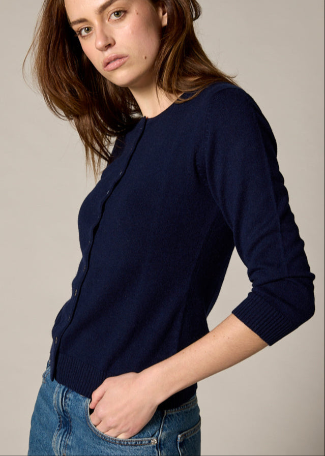Sonya Hopkins 55% silk 45% cashmere crew cardigan in navy