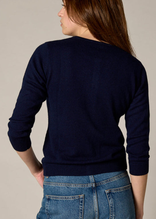 Sonya Hopkins 55% silk 45% cashmere crew cardigan in navy