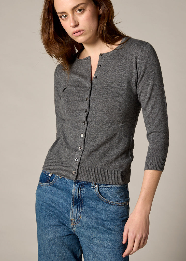 Sonya Hopkins 55% silk 45% cashmere crew cardigan in charcoal grey