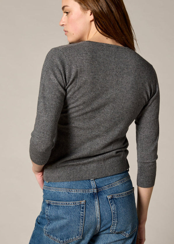 Sonya Hopkins 55% silk 45% cashmere crew cardigan in charcoal grey