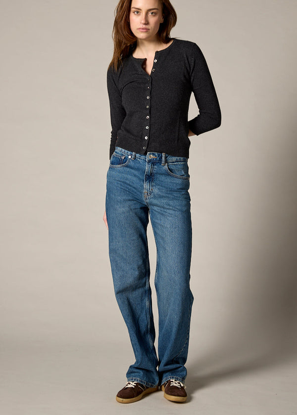 Sonya Hopkins 55% silk 45% cashmere crew cardigan in dark charcoal