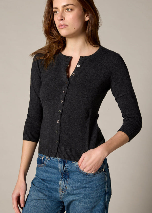 Sonya Hopkins 55% silk 45% cashmere crew cardigan in dark charcoal