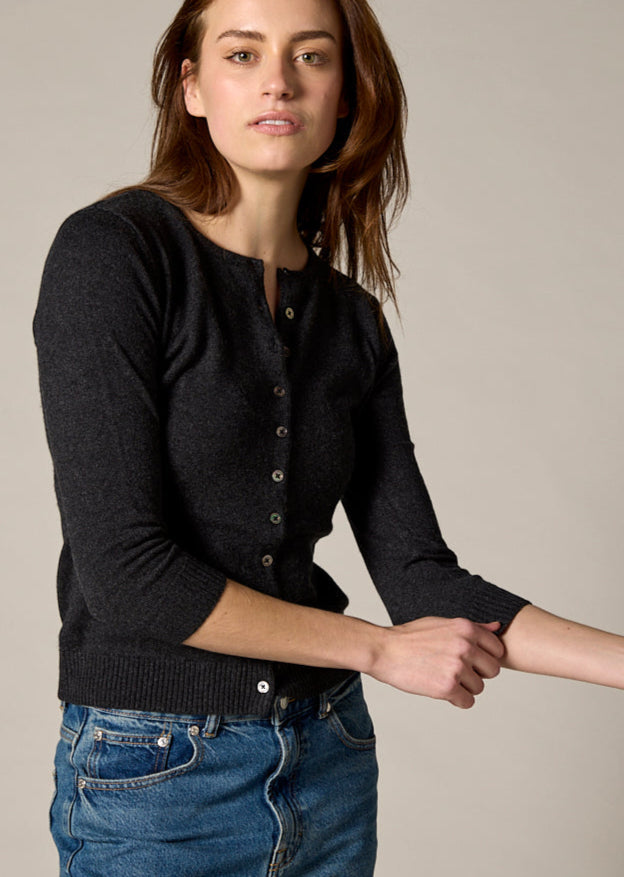 Sonya Hopkins 55% silk 45% cashmere crew cardigan in dark charcoal