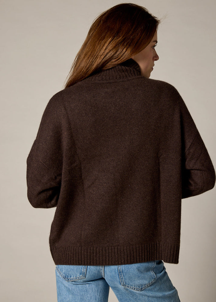 Sonya Hopkins 100% cashmere oversized knit turtleneck in chocolate marle brown