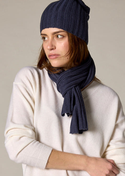 Sonya Hopkins pure cashmere rib beanie in ocean blue