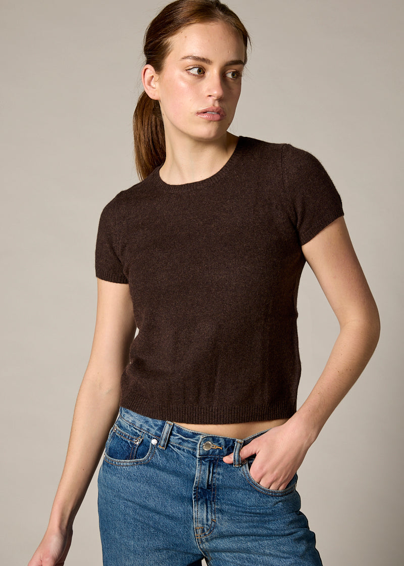 Sonya Hopkins 100% cashmere tiny t-shirt in dark marle brown