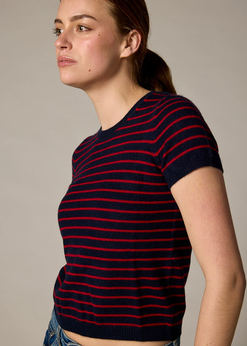 Sonya Hopkins 100% cashmere tiny t-shirt in ink and garnet red stripe