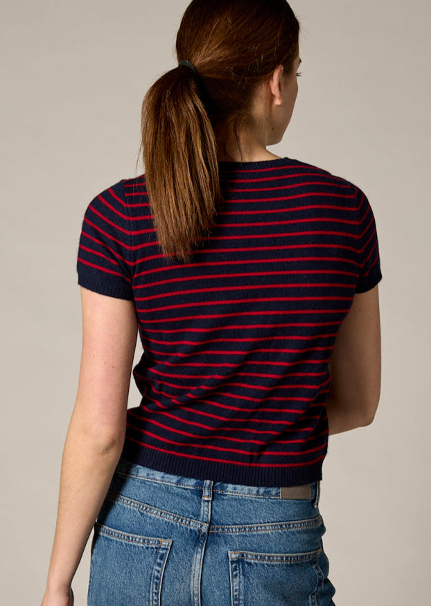 Sonya Hopkins 100% cashmere tiny t-shirt in ink and garnet red stripe