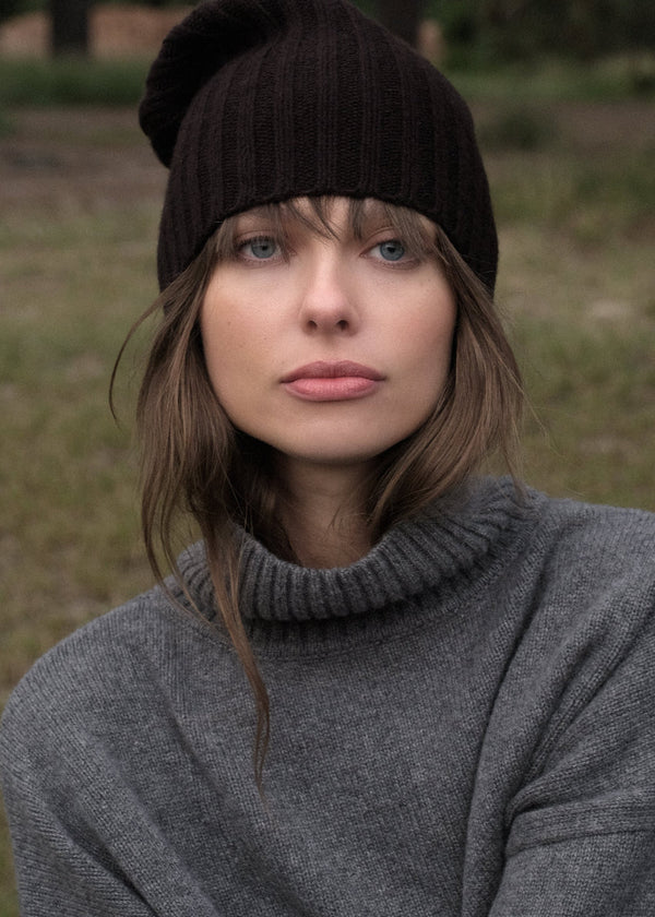 Sonya Hopkins 100% pure cashmere rib beanie in dark chocolate brown