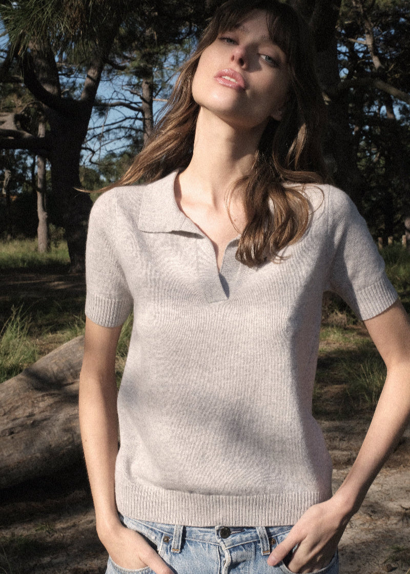 Sonya Hopkins Sydney 100% pure cashmere polo knit in pale marle grey