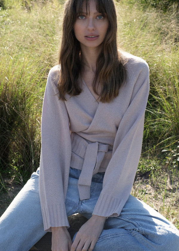 Sonya Hopkins 100% cashmere ballet wrap cardigan in bisque