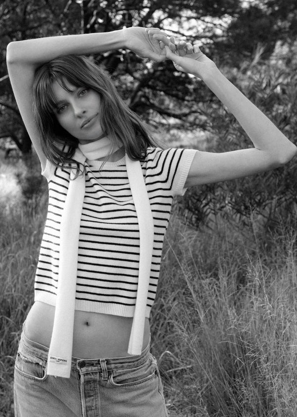 Sonya Hopkins Sydney 100% cashmere tiny t in white + ink stripe