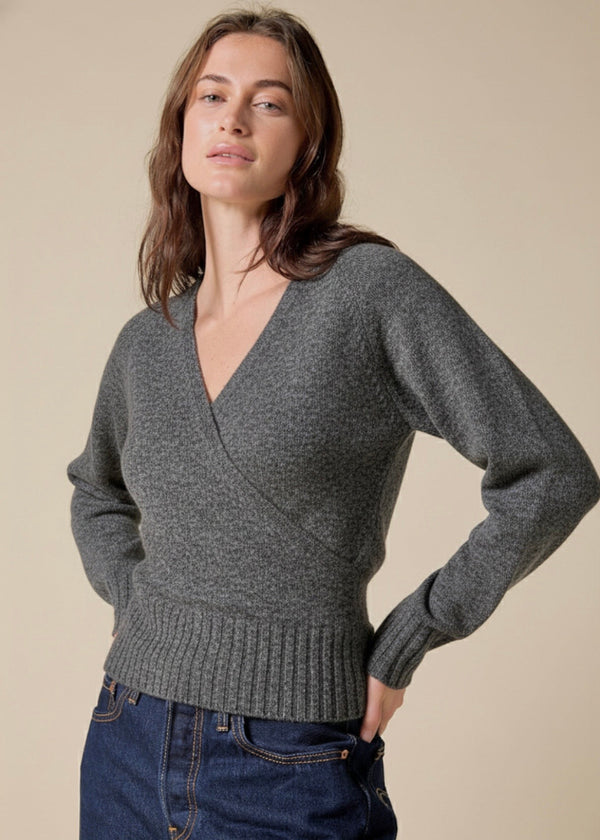 Sonya Hopkins 100% cashmere ballet wrap cardigan in charcoal marle grey