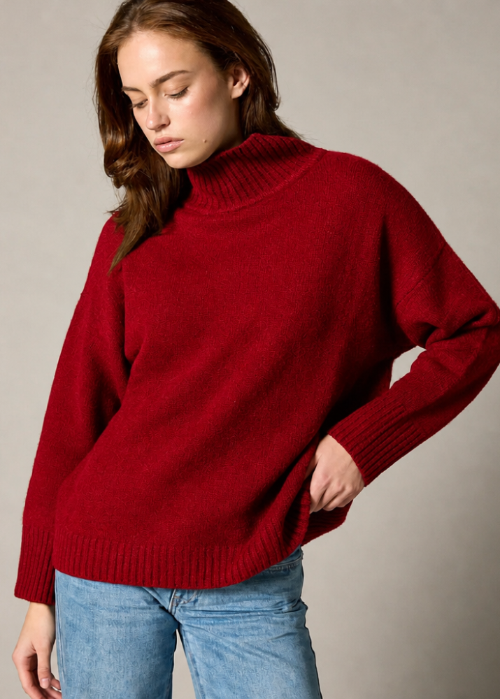 Sonya Hopkins 100% cashmere oversized knit turtleneck in garnet red