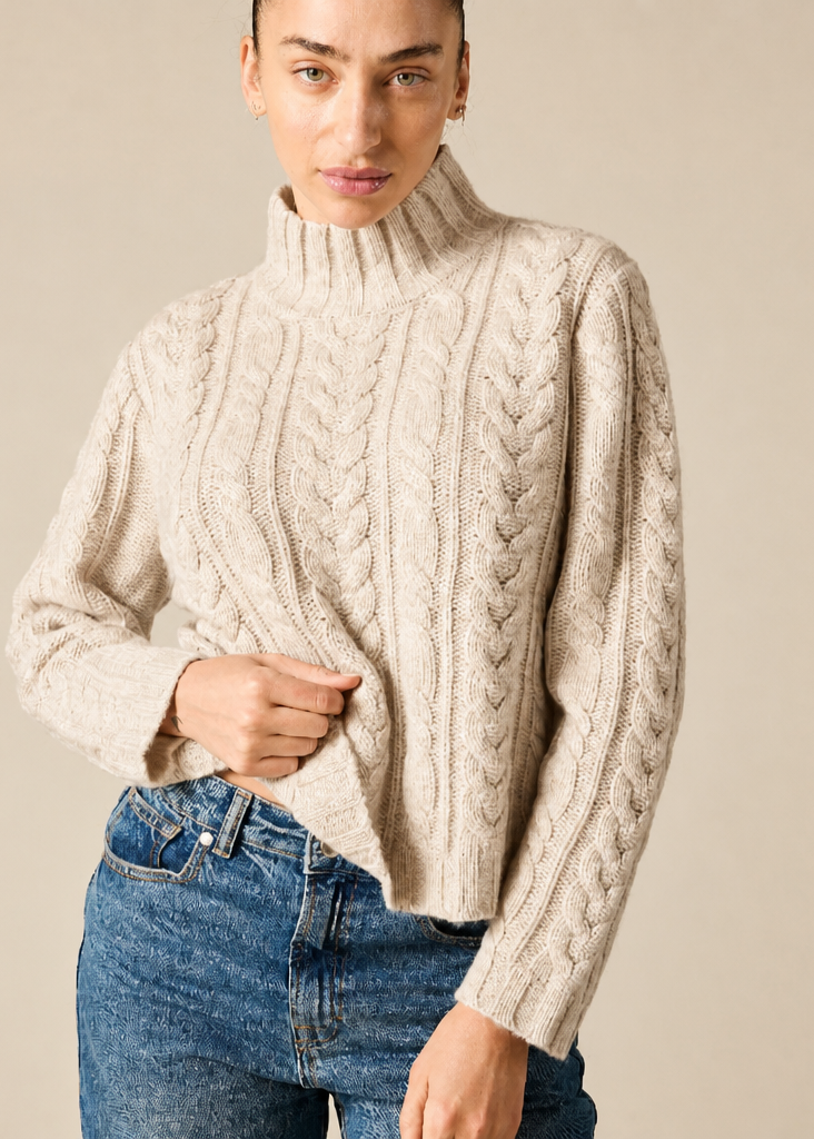 sonya hopkins 100% cashmere turtleneck in a chunky hand knit cable in pale marle beige