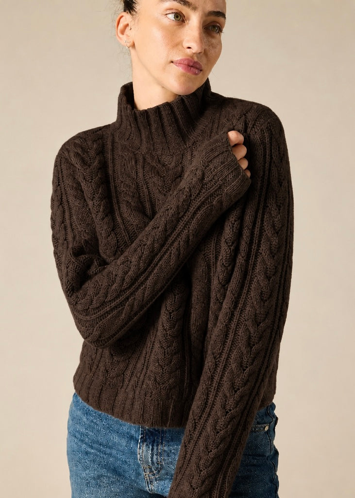 100% cashmere turtleneck in a chunky hand knit cable in chocolate marle brown