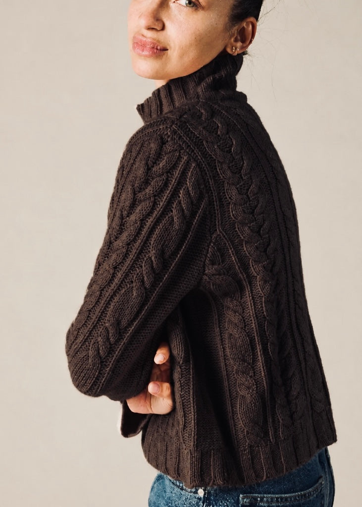 100% cashmere turtleneck in a chunky hand knit cable in chocolate marle brown