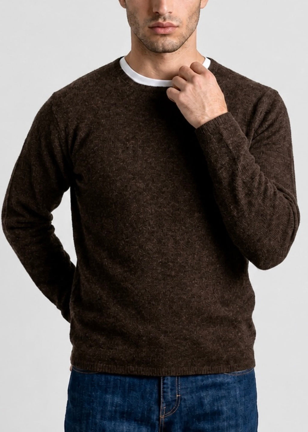 Sonya Hopkins mens 100% cashmere crew neck in marle brown