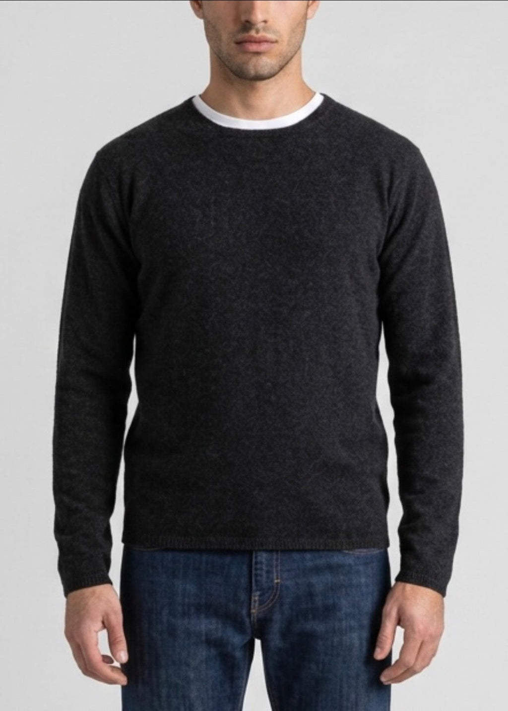 Sonya Hopkins Sydney pure cashmere mens crew neck knit in dark charcoal grey