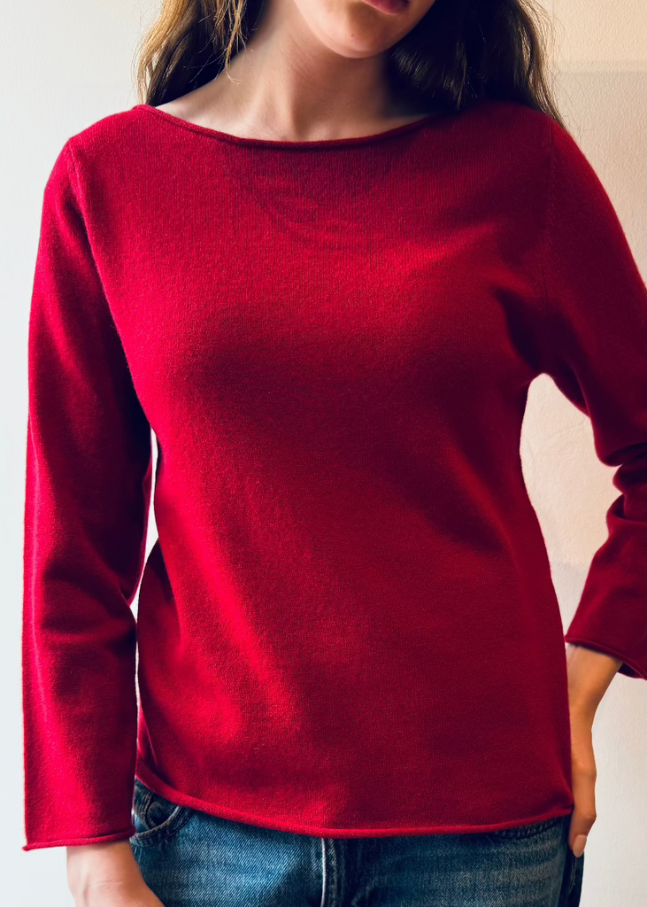 Sonya hopkins 100% pure cashmere bateau neck in garnet red is a lightweight knit