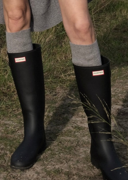 Sonya Hopkins 100% softest pure cashmere fine rib knee hi socks in marle grey