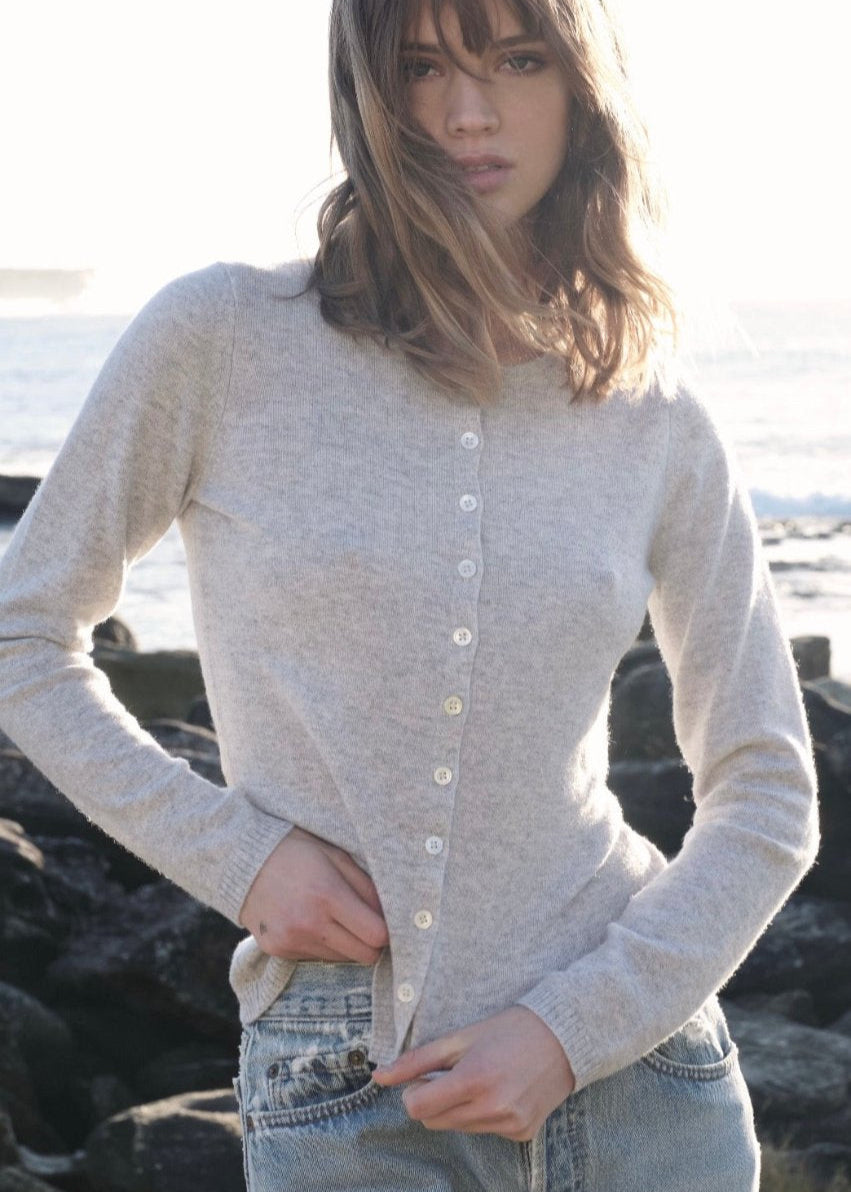 Sonya Hopkins 100% cashmere crew cardigan in pale marle grey