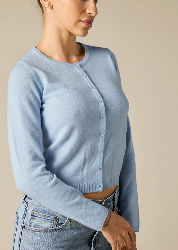 Sonya Hopkins 100% pure cashmere crew cardigan in baby blue