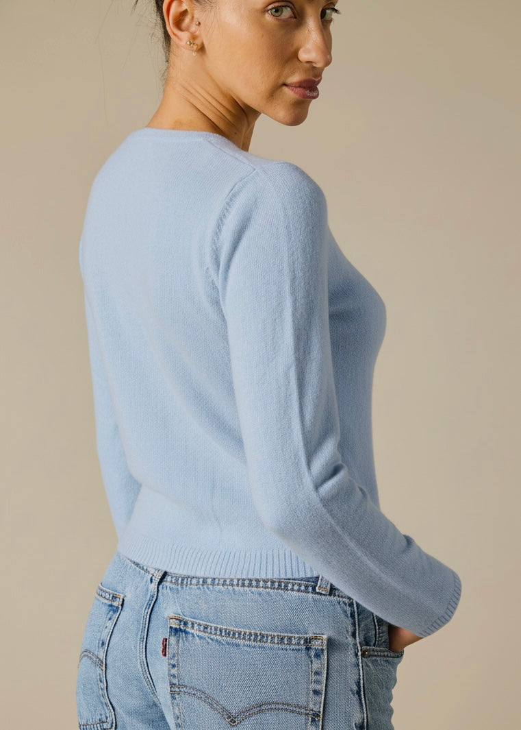 Sonya Hopkins 100% pure cashmere crew cardigan in baby blue
