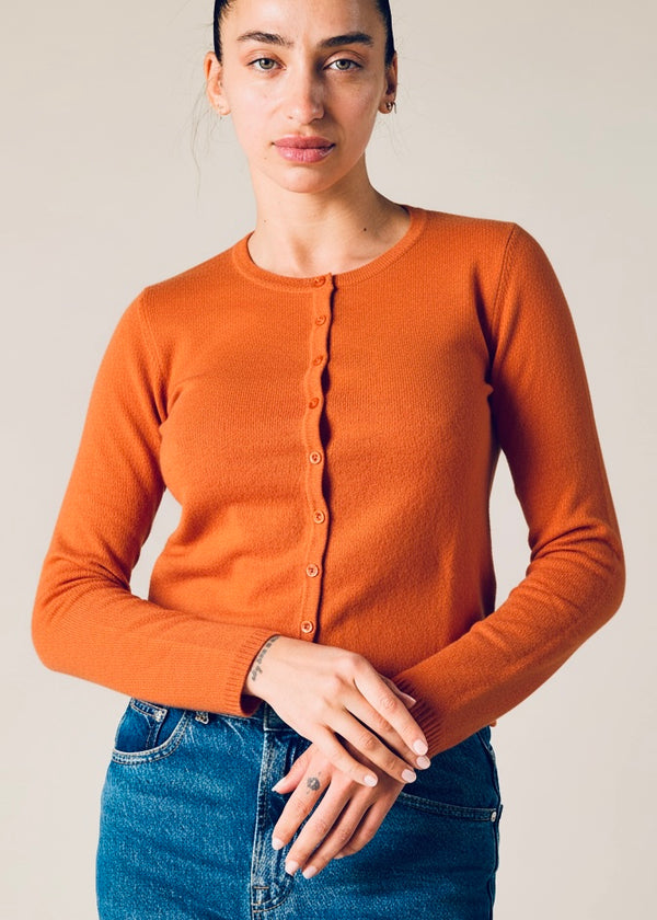 Sonya Hopkins 100% pure cashmere crew cardigan in persimmon