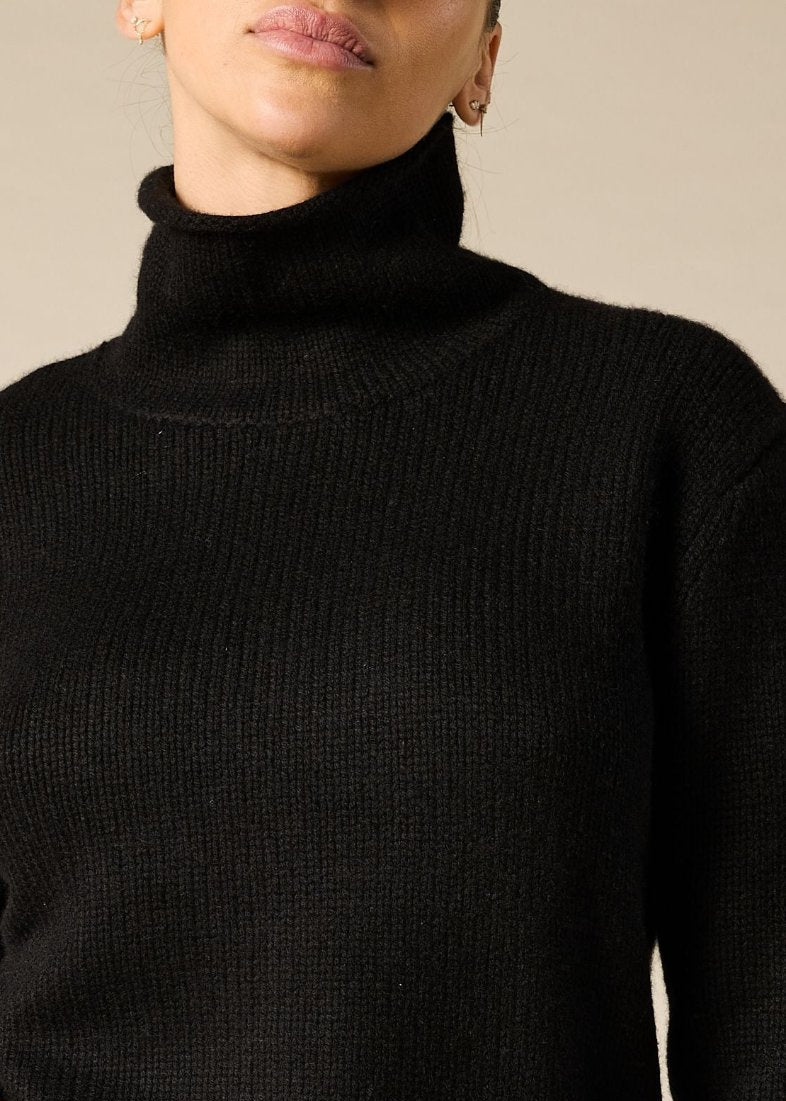 Pure  cashmere boxy relaxed funnel neck knit in the black - sonyahopkins.com