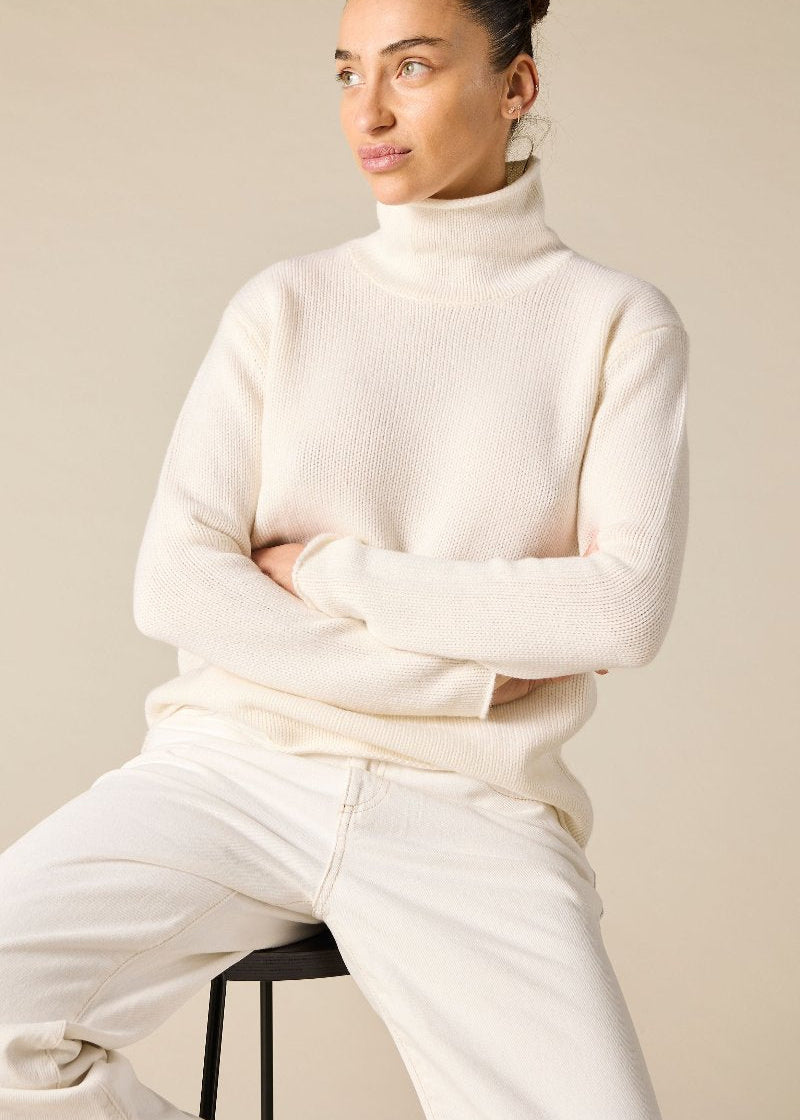 Pure cashmere boxy relaxed funnel neck knit in the winter white - sonyahopkins.com