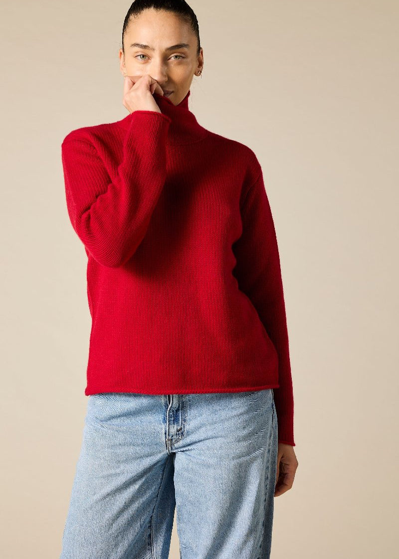 100% cashmere boxy relaxed funnel neck knit in garnet red - sonyahopkins.com