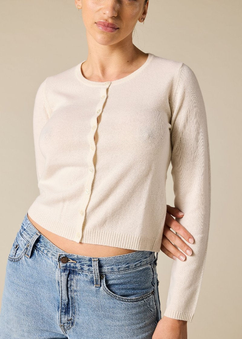 Sonya Hopkins 100% pure cashmere crew cardigan in winter white