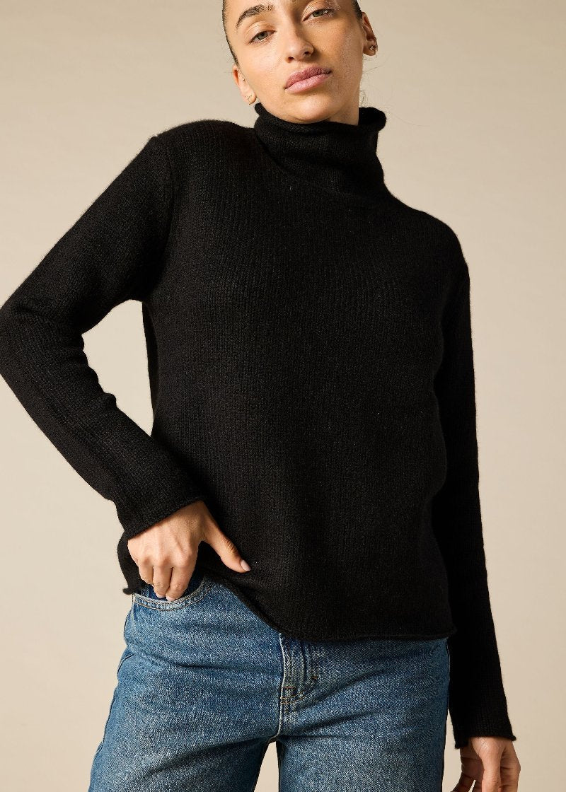 Pure  cashmere boxy relaxed funnel neck knit in the black - sonyahopkins.com