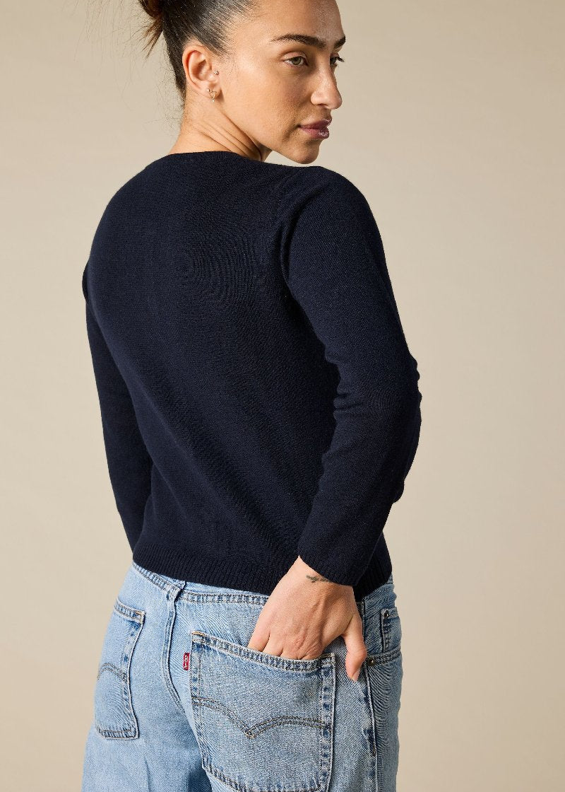 Sonya Hopkins 100% pure cashmere crew cardigan in ink