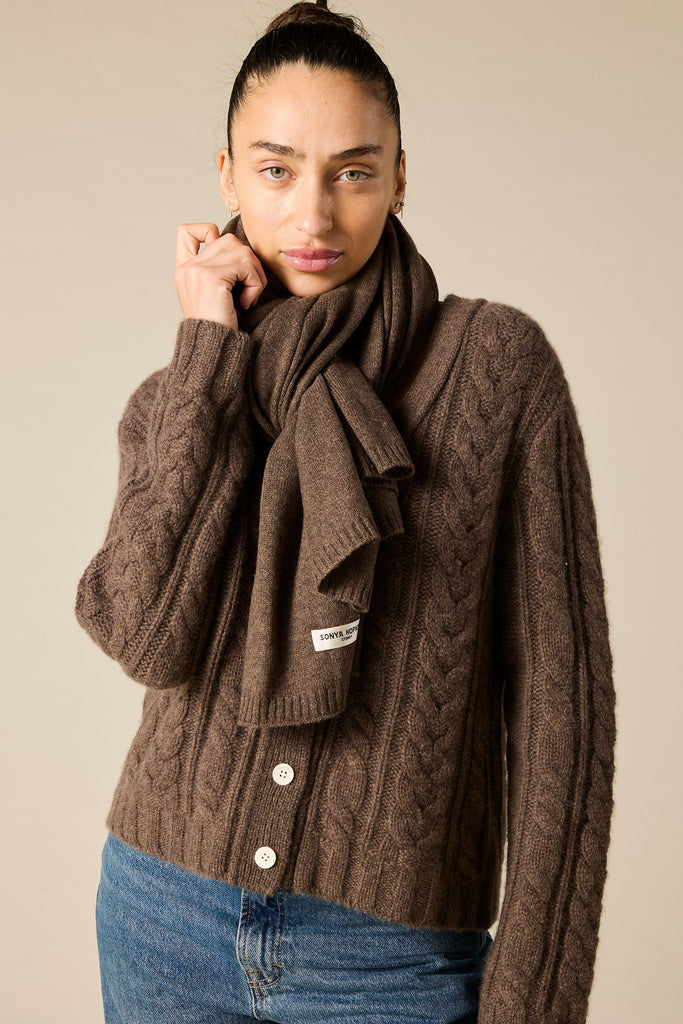 Sonya Hopkins pure cashmere Cashmere Elouise Cable knit Cardigan in woodland brown marle