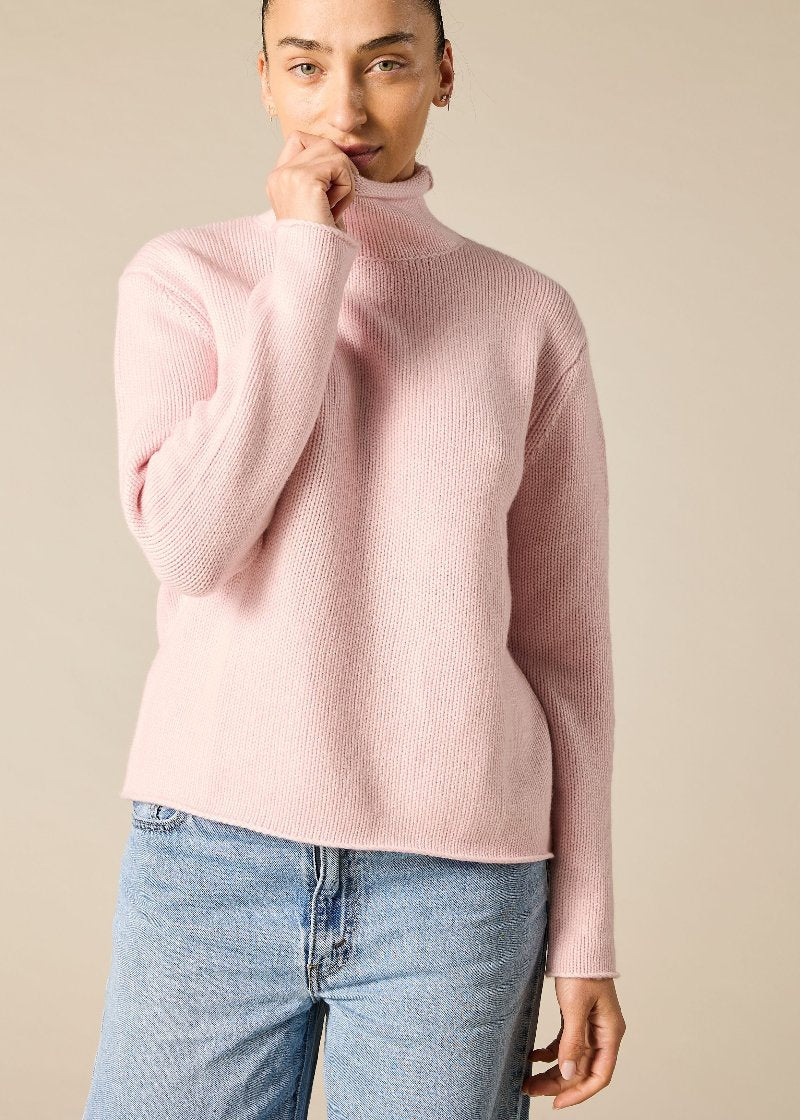 Pure cashmere boxy relaxed funnel neck knit in prettiest pink - sonyahopkins.com