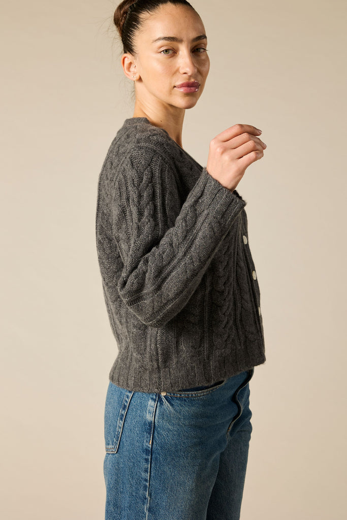 Sonya Hopkins pure cashmere Cashmere Elouise Cable knit Cardigan in charcoal grey marle