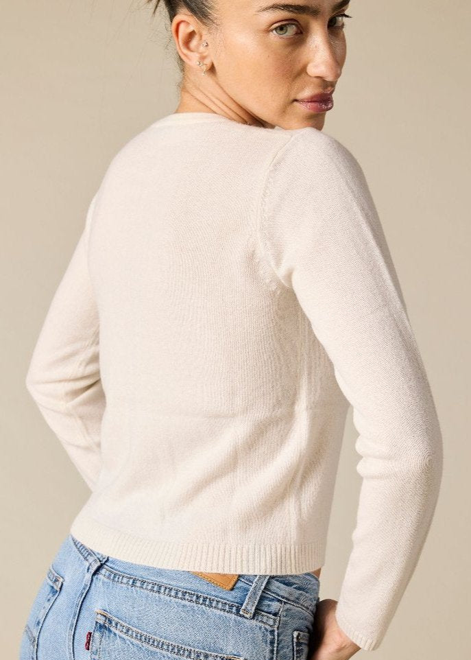 Sonya Hopkins 100% pure cashmere crew cardigan in winter white