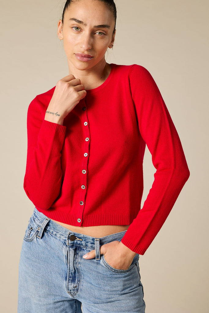 Sonya Hopkins 100% pure cashmere crew cardigan in red