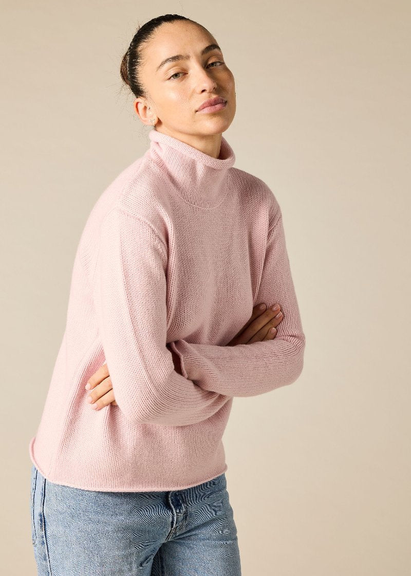 Pure cashmere boxy relaxed funnel neck knit in prettiest pink - sonyahopkins.com